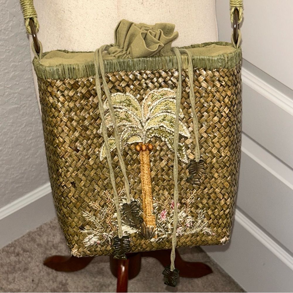 Cappelli Straworld Palm Tree Embroidered Straw Crossbody Purse Bag - Picture 2 of 10